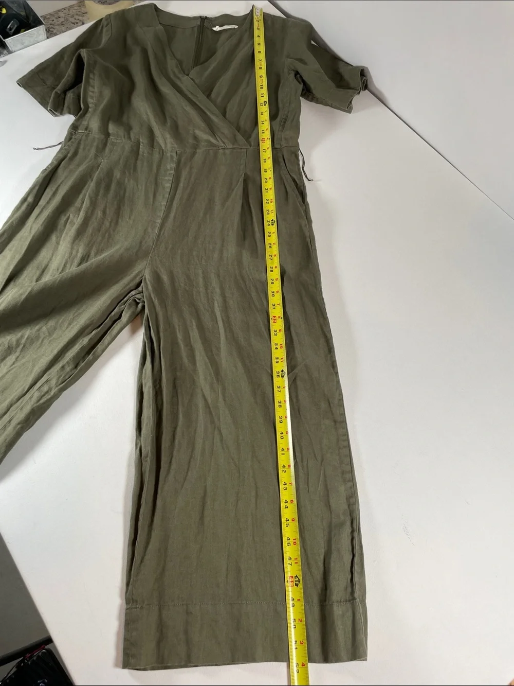 EVERLANE Linen Wrap Short-Sleeve Jumpsuit with Tie Waist in Kalamata - Size 14